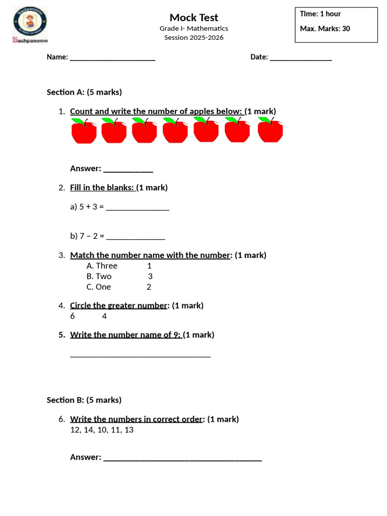 Grade 1 Maths Mock Test 2025-2026 | PDF