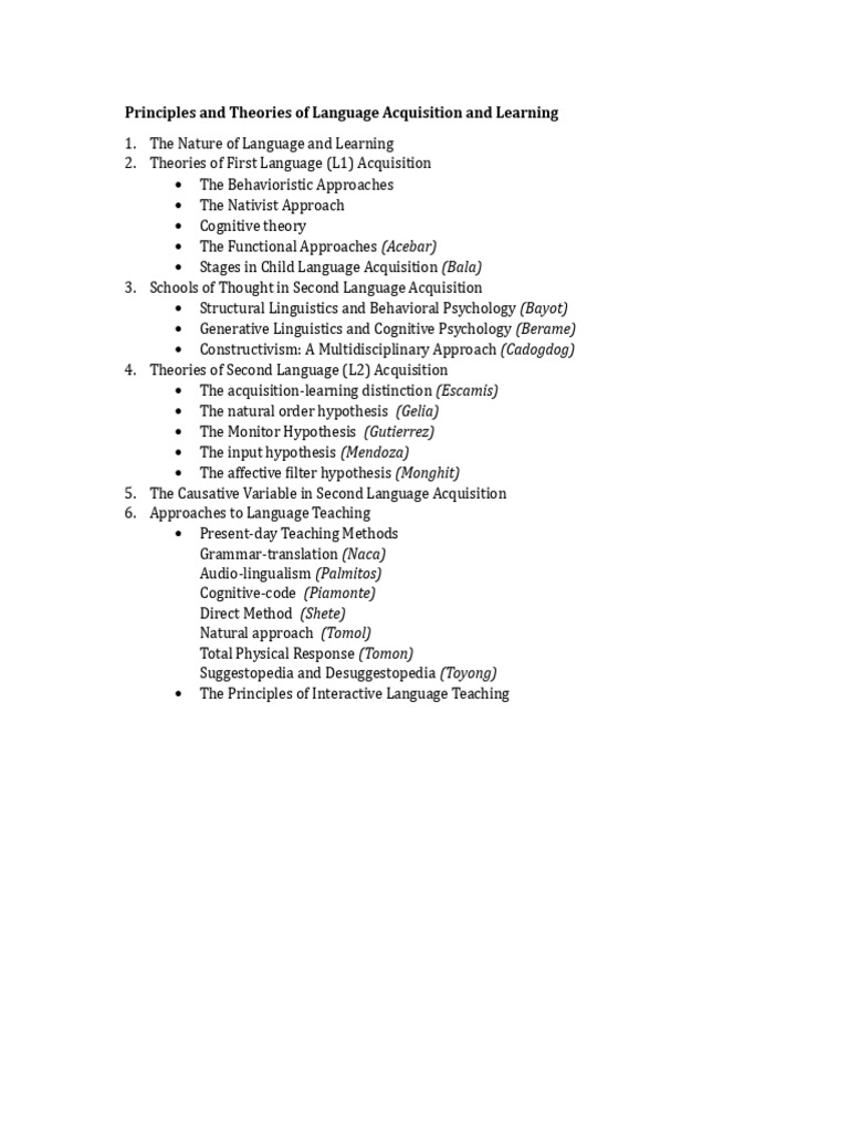 Topics For Principles and Theories of Language Acquisition | PDF