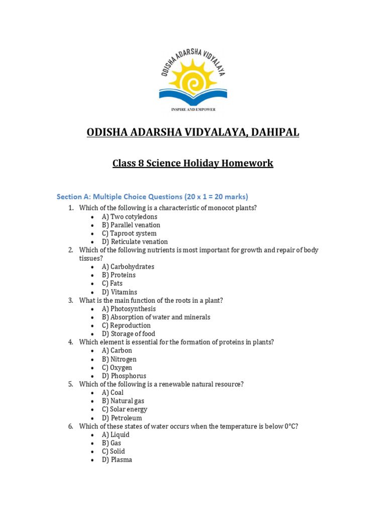 Class 8 Science Holiday Homework | PDF | Water | Leaf