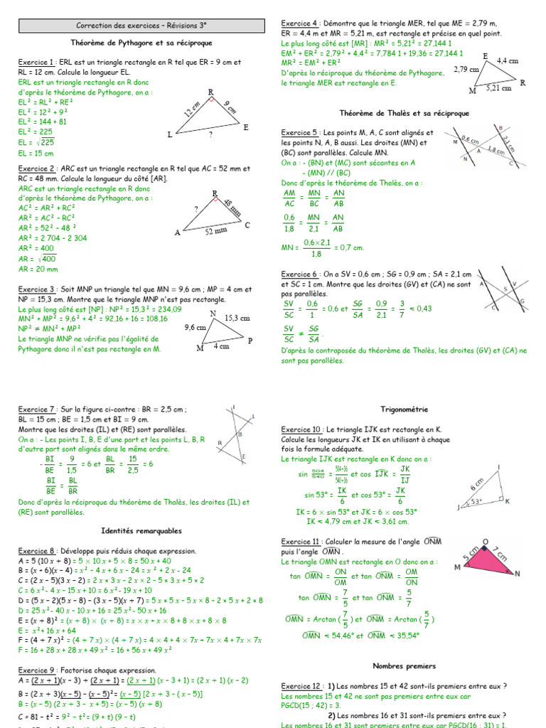 Exercices de mathématiques 3° : Pythagore et Thalès | PDF | Triangle ...
