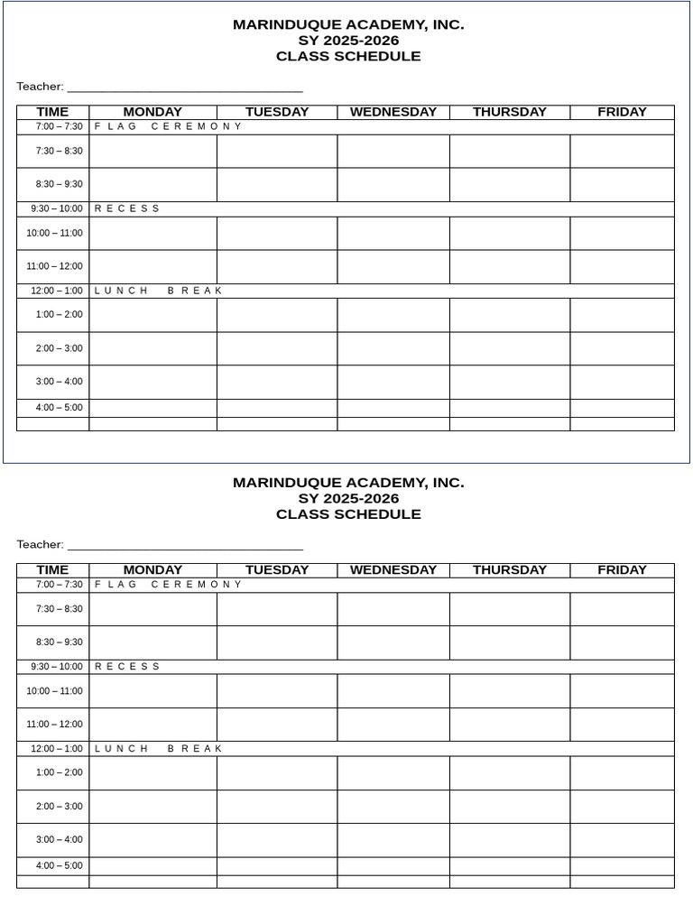 Marinduque Academy Class Schedule 2025-26 | PDF