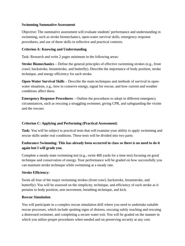 Swimming Skills Assessment Guide | PDF | Swimming | Simulation