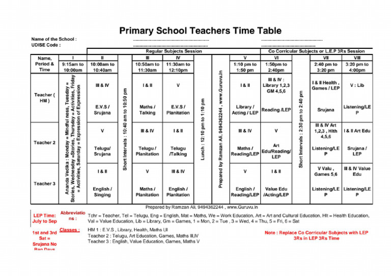 AP PS 3teacher Wise, Class Wise Time Tables-1 | PDF