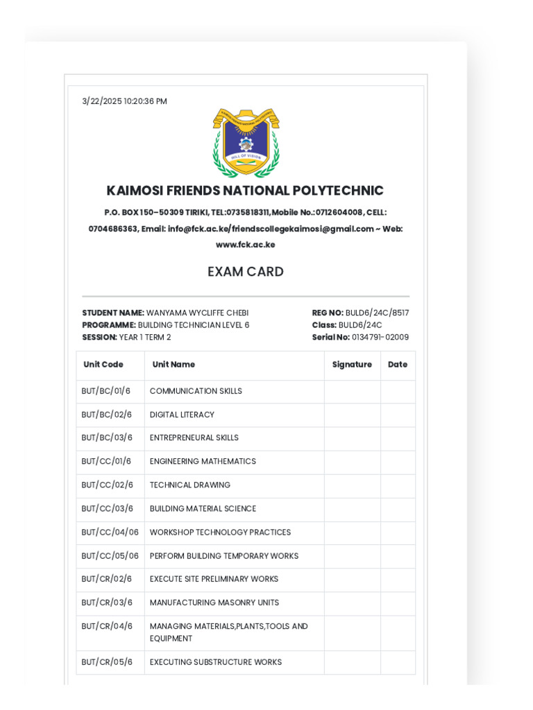 Exam Card for Building Technician 2024 | PDF