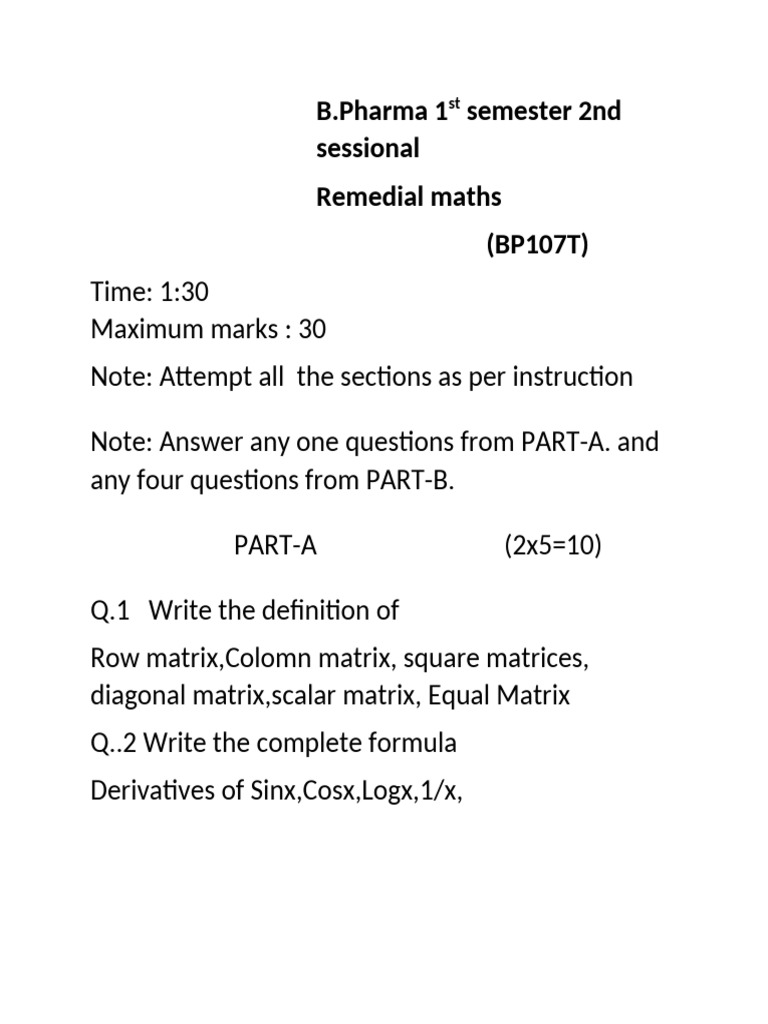 B.Pharma Remedial Maths Sessional Exam | PDF