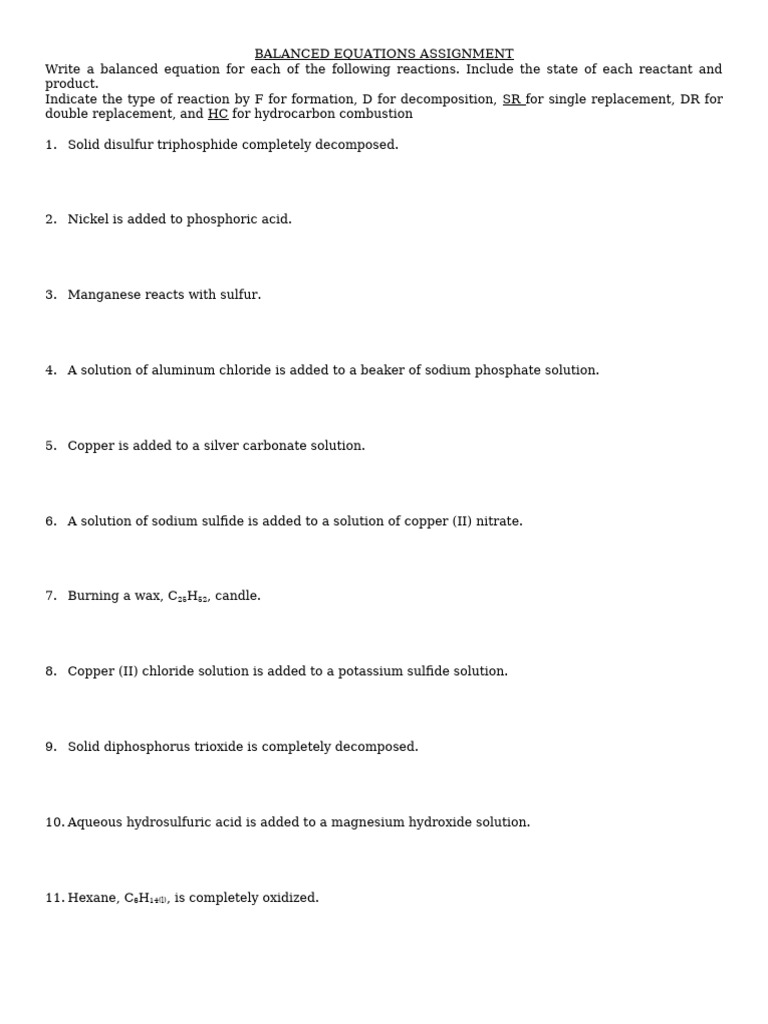 Balanced Chemical Equations Assignment | PDF | Oxide | Hydroxide