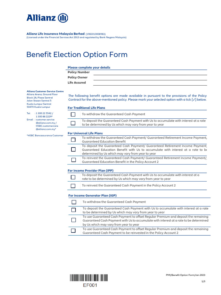 Allianz Life Insurance Benefit Options Form | PDF | Banks | Life Insurance