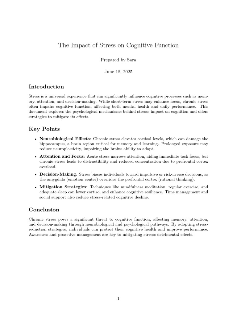 Stress Effects on Cognitive Function | PDF