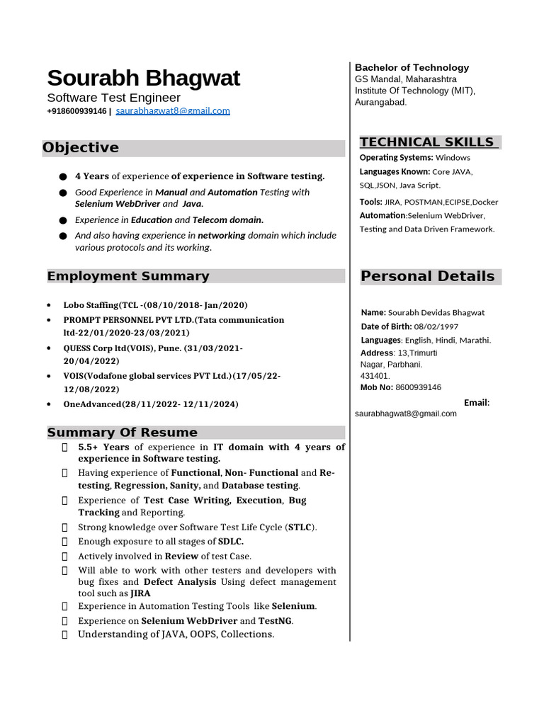 Sourabh Bhagwat - Resume | PDF | Selenium (Software) | Software Testing