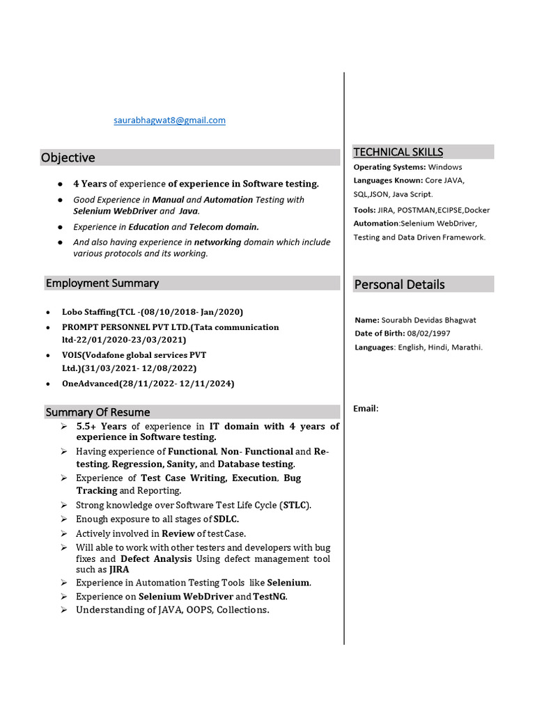 Sourabh Bhagwat - Test Engineer | PDF | Selenium (Software) | Software ...