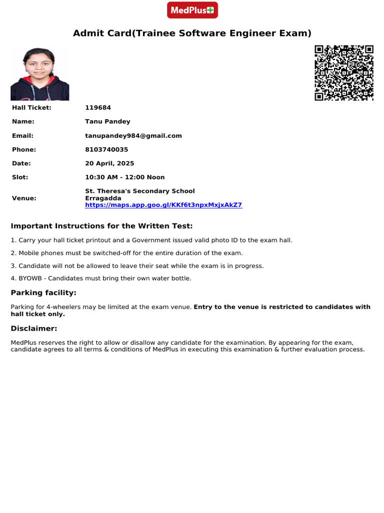 Trainee Software Engineer Exam Admit Card | PDF