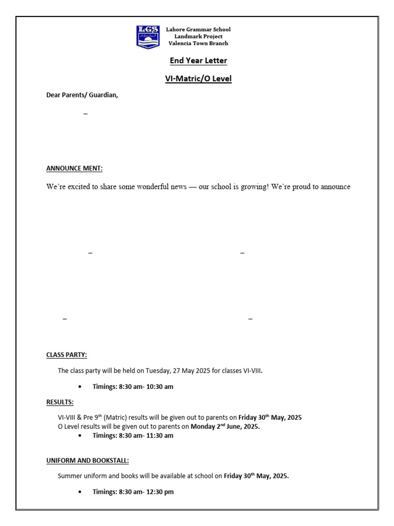 Lahore Grammar School Year-End Update | PDF