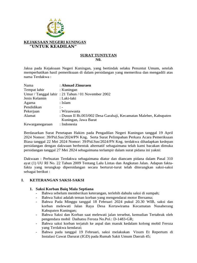 Tuntutan Pidana Ahmad Zinuraen Kuningan | PDF