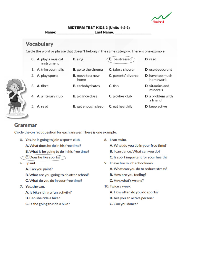 Midterm Test for Kids: Units 1-3 | PDF