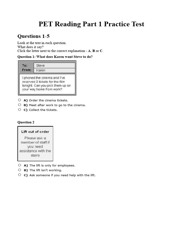 PET Reading Part 1 Practice Test | PDF