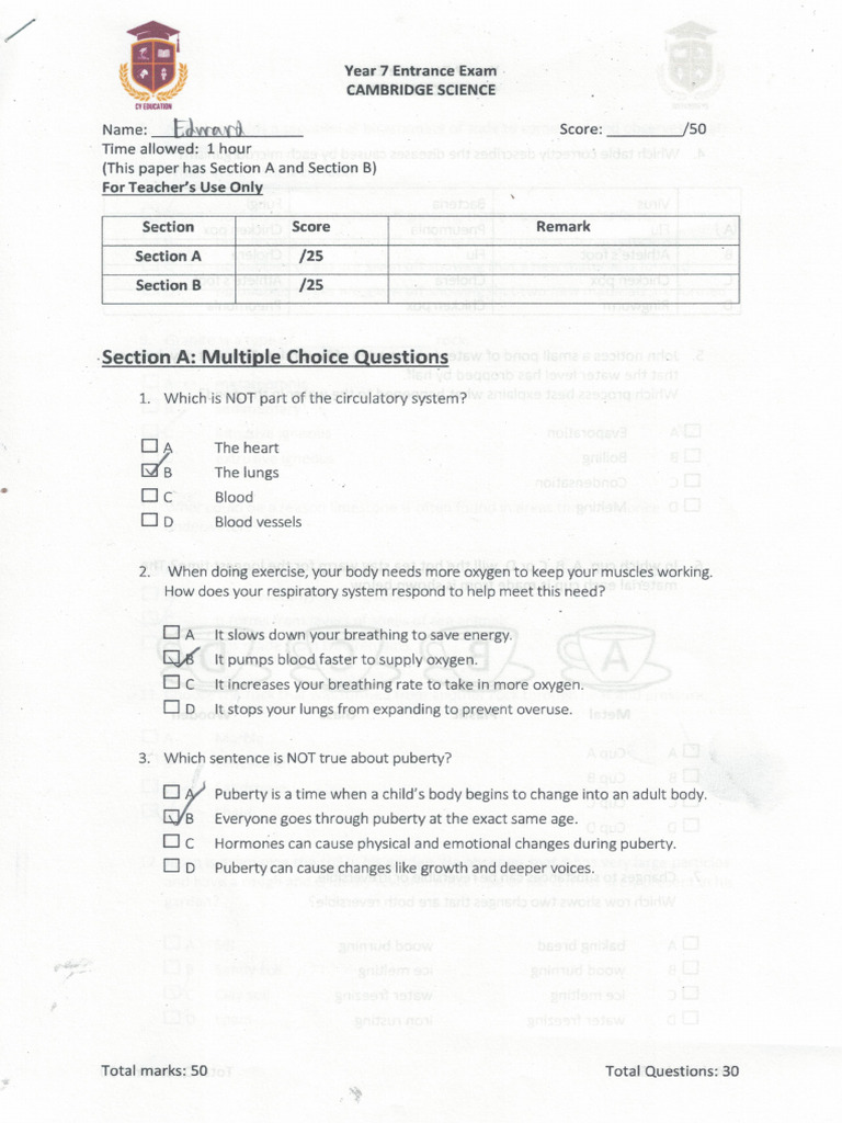 Year 7 Pre Test Edward Science - 000601 | PDF