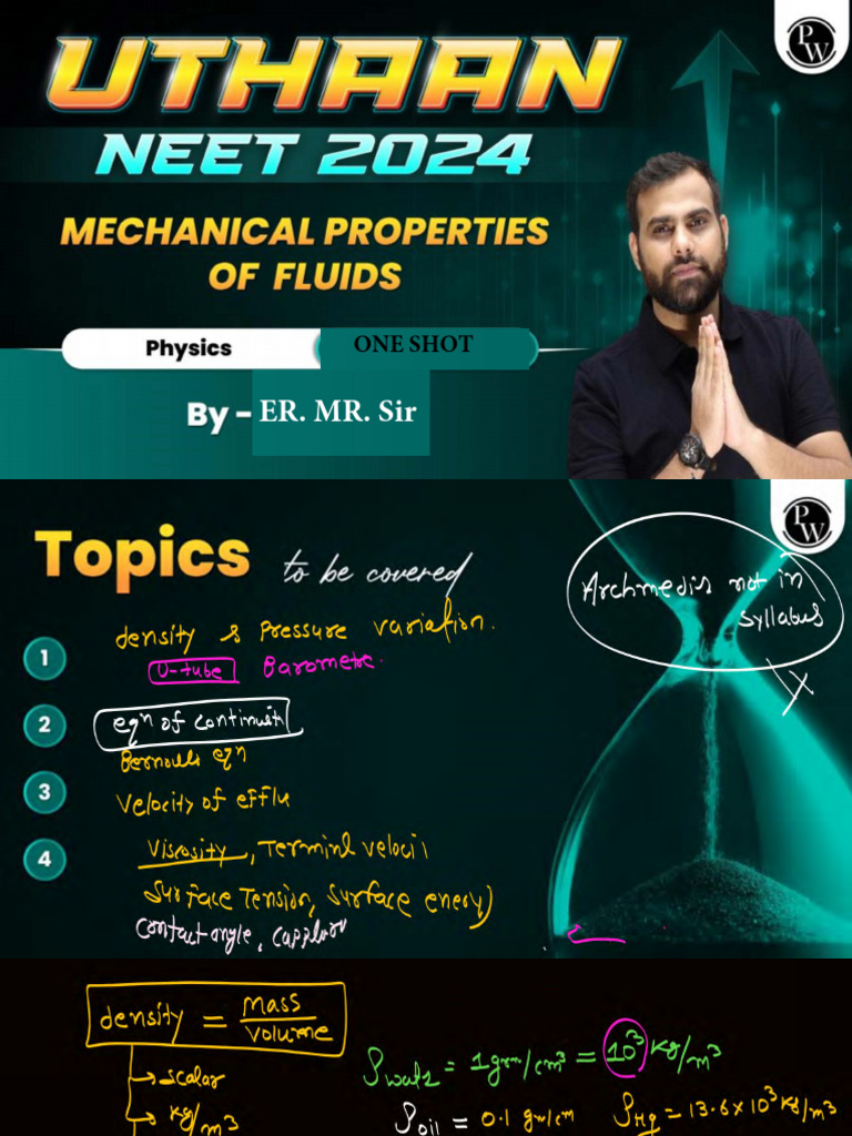 Mechanical Properties of Fluids Class Notes Uthaan NEET 2024 | PDF