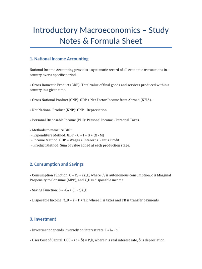 Macroeconomics Study Notes & Formulas | PDF | Measures Of National ...