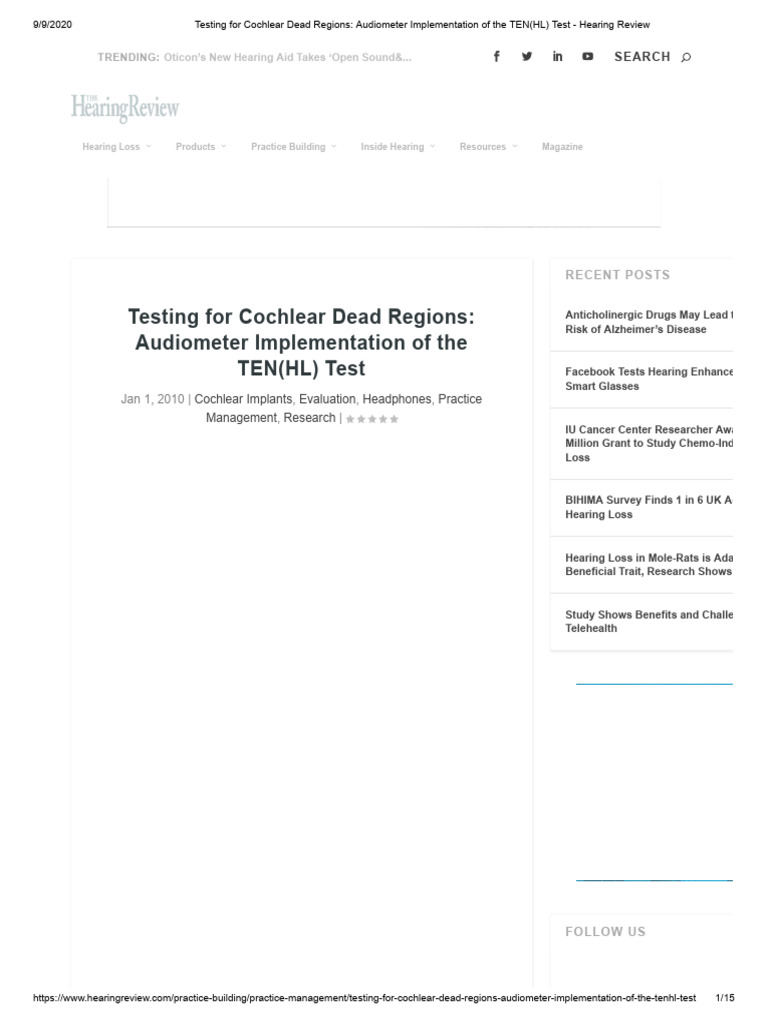 TEN(HL) Test for Cochlear Dead Regions | PDF | Hearing | Auditory System