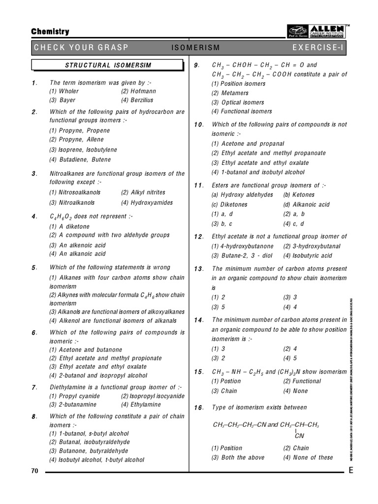 Isomerism in Organic Chemistry Exercises | PDF | Isomer | Ketone