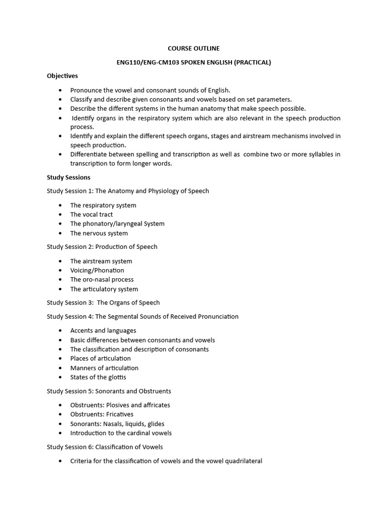 ENG110 Spoken English Course Outline | PDF | Vowel | Consonant