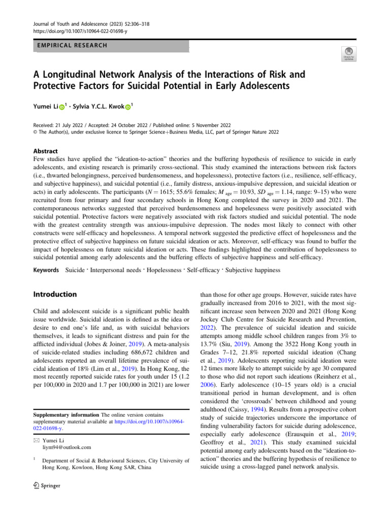 Risk Factors for Suicidal Potential in Adolescents | PDF | Suicide ...