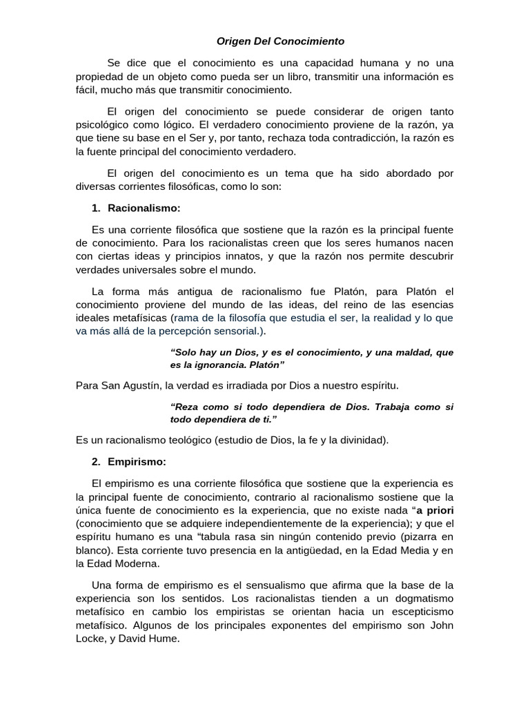 Orígenes del Conocimiento Humano | PDF | Racionalismo | Empirismo