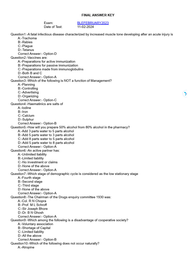 Final Answer Key 2023 | PDF | Bicarbonate | Medical Specialties