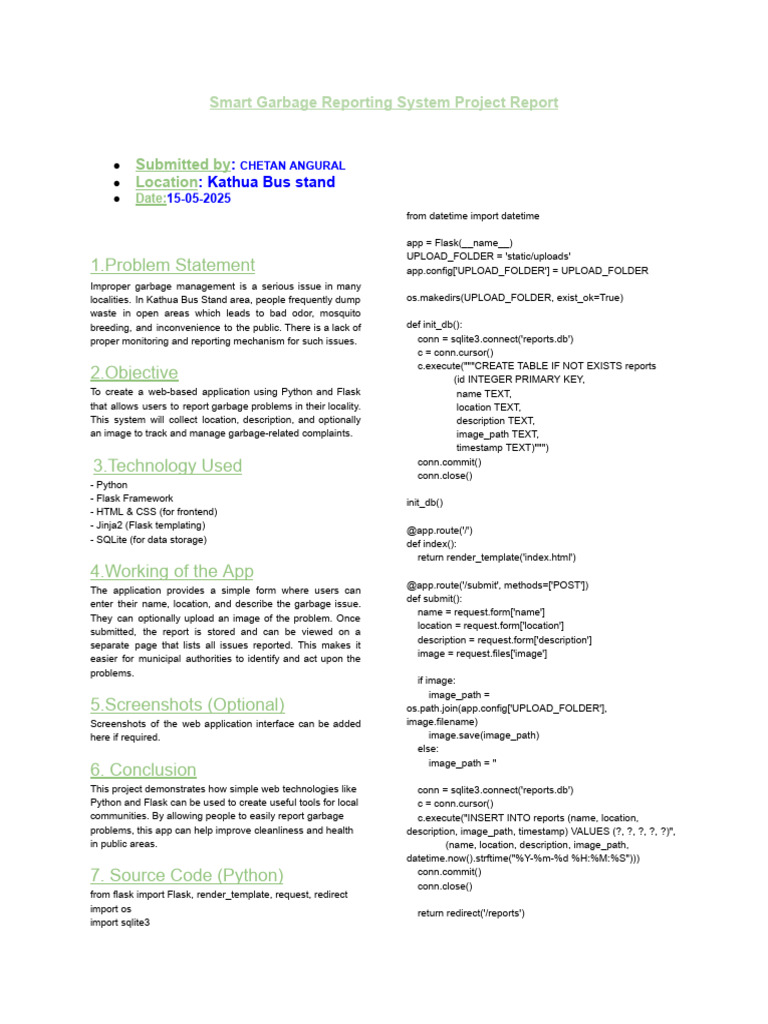Smart Garbage Reporting System Overview | PDF | Computing | Software
