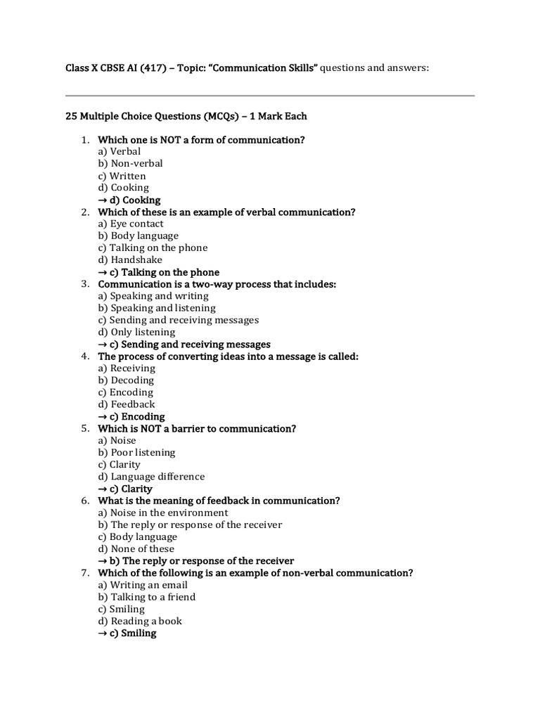 Class 10 Communication Skills MCQs | PDF | Communication | Nonverbal ...