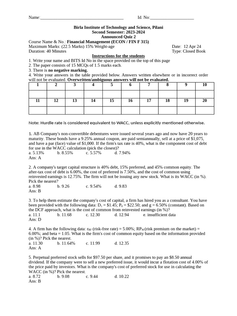WACC Calculation Quiz for Consultants | PDF | Cost Of Capital | Debt