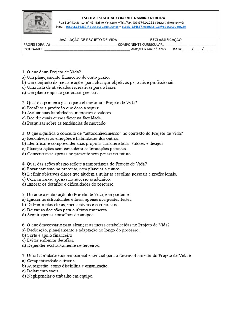 Avaliação de Projeto de Vida Escolar | PDF | Vida | Planejamento