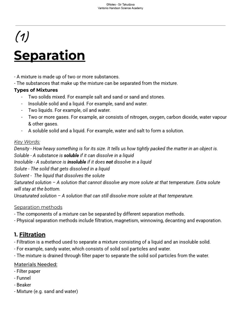 GNotes - Form 1 Chemistry - Separation & Matter | PDF | Filtration ...