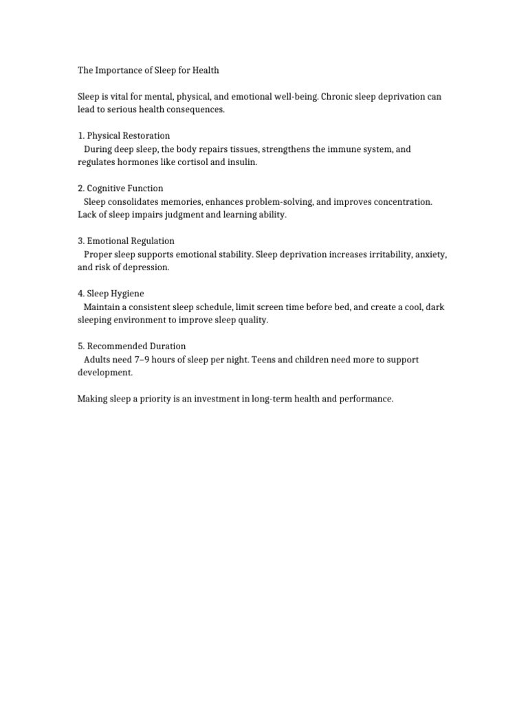 The Importance of Sleep For Health | PDF