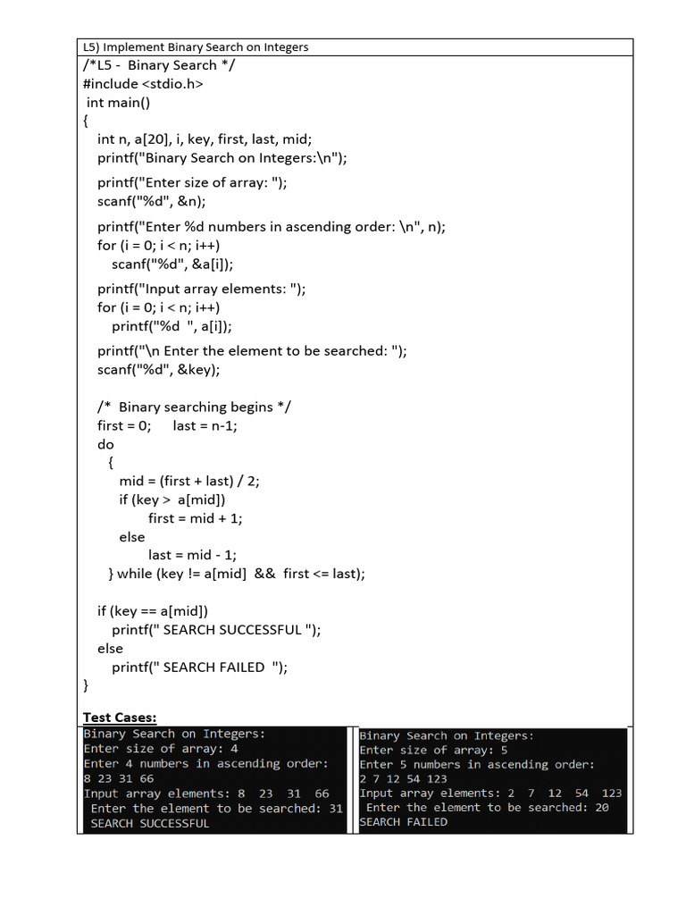 Binary Search Implementation in C | PDF