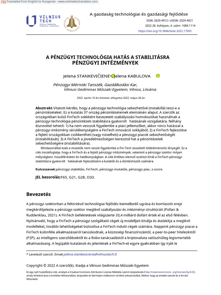 Financial Technology Impact On Stability of Financ - En.hu | PDF