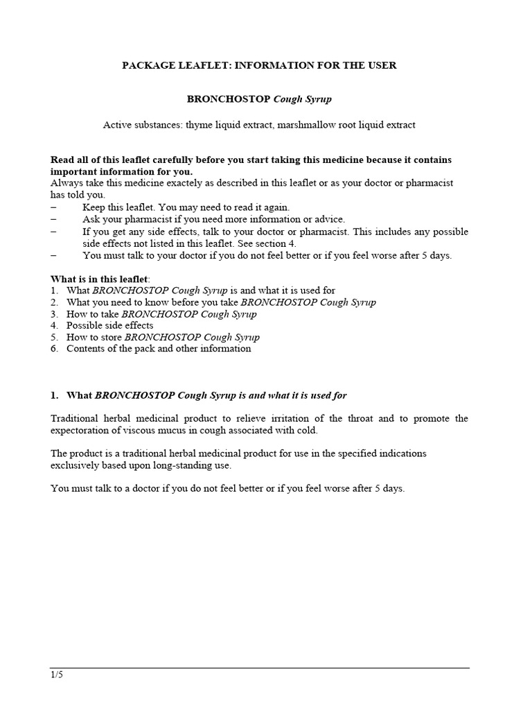 Bronchostop Cough Syrup Guide | PDF | Sucrose | Cough