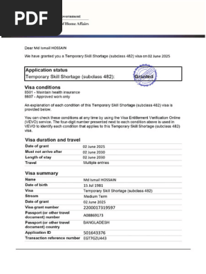 Ismail Hossain Visa Grant Details | PDF