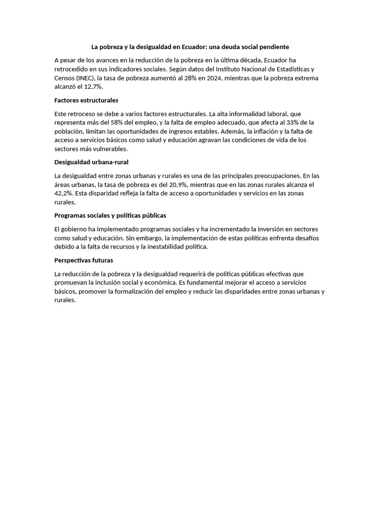 La Pobreza y La Desigualdad en Ecuador | PDF