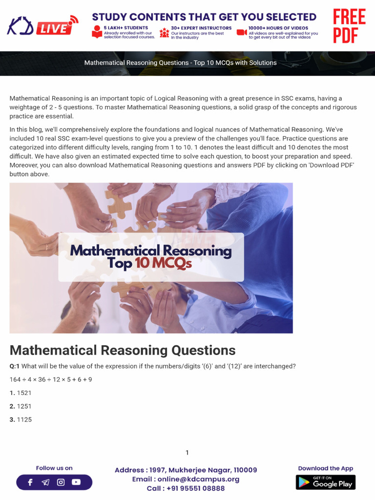 Mathematical Reasoning Questions Top 10 Mcqs With Solutions | PDF