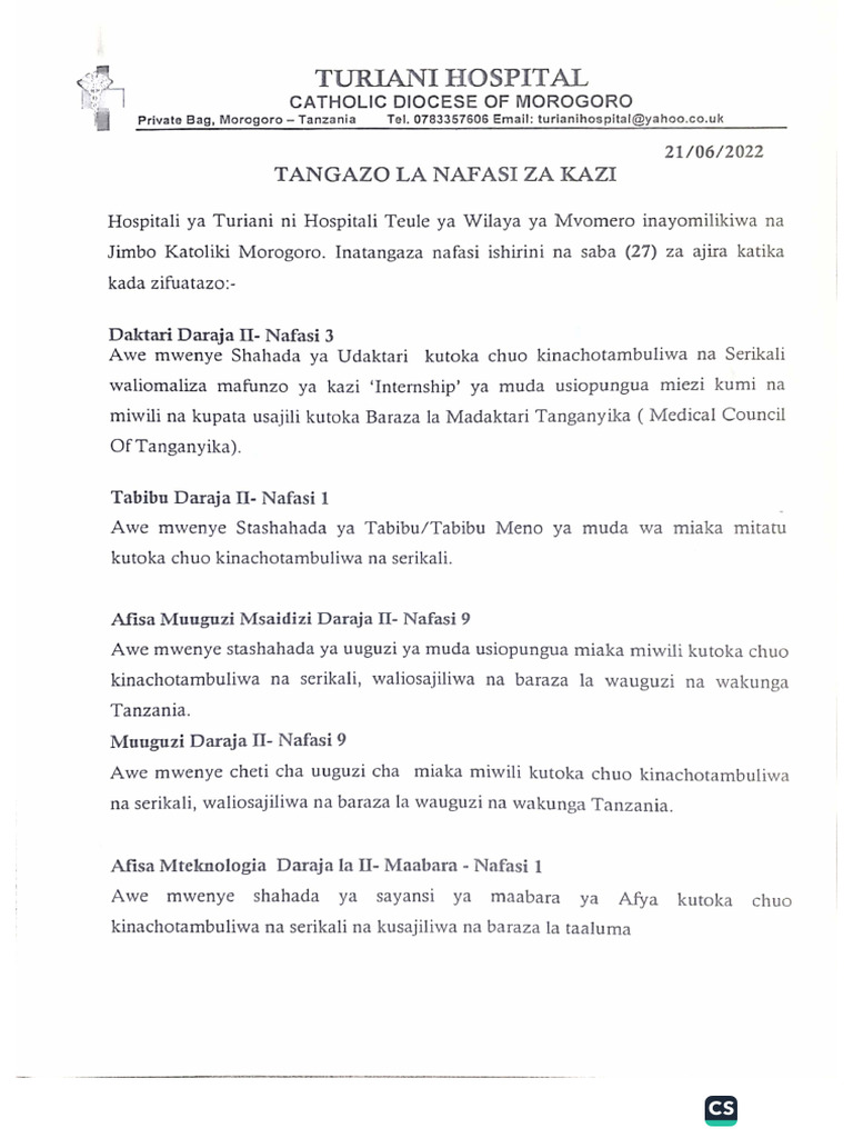 Nafasi Za Kazi Turiani Hospitali | PDF