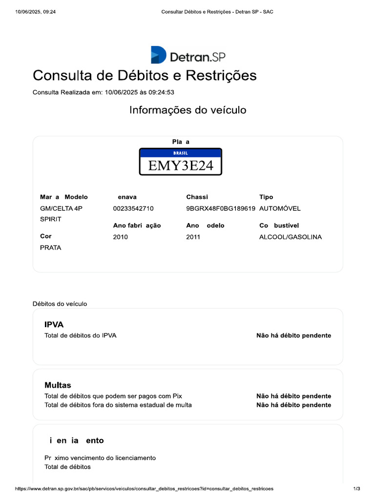 Consultar Débitos e Restrições - Detran SP - SAC | PDF