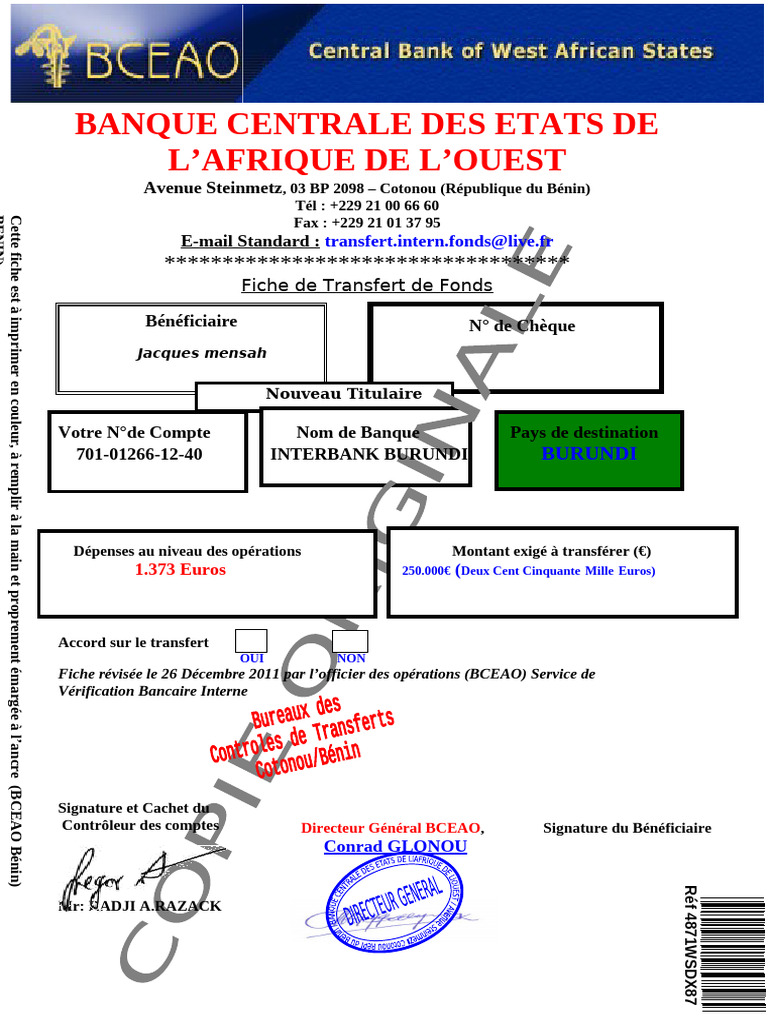 Fiche de Transfert de Fonds BCEAO | PDF | Bancaire | Banques