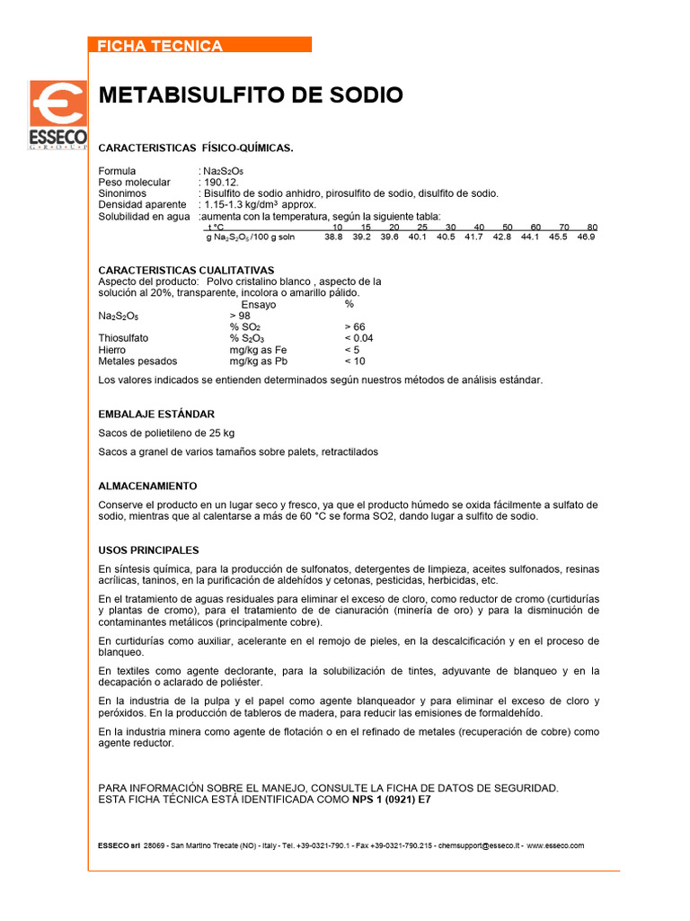 Metabisulfito de Sodio: Usos y Propiedades | PDF | Fenómenos ...