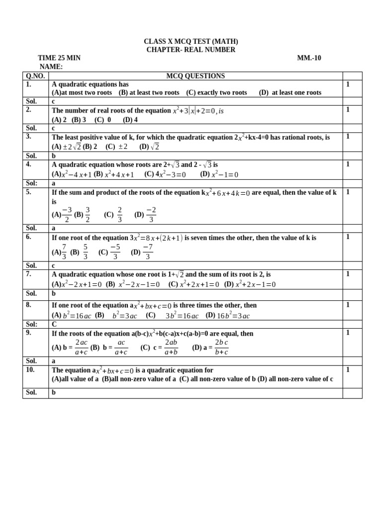 Quadratic Equations MCQ Test | PDF | Square Root | Quadratic Equation