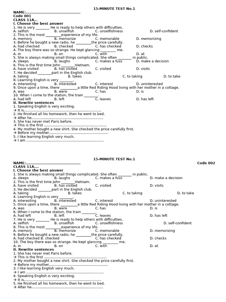 15-Minute English Test for Class 11A | PDF | Chess Openings | Chess Theory