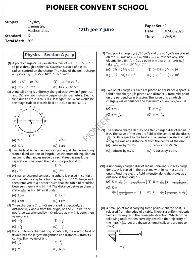 JEE Physics Paper Set 1 - 12th Standard | PDF | Electric Field | Force