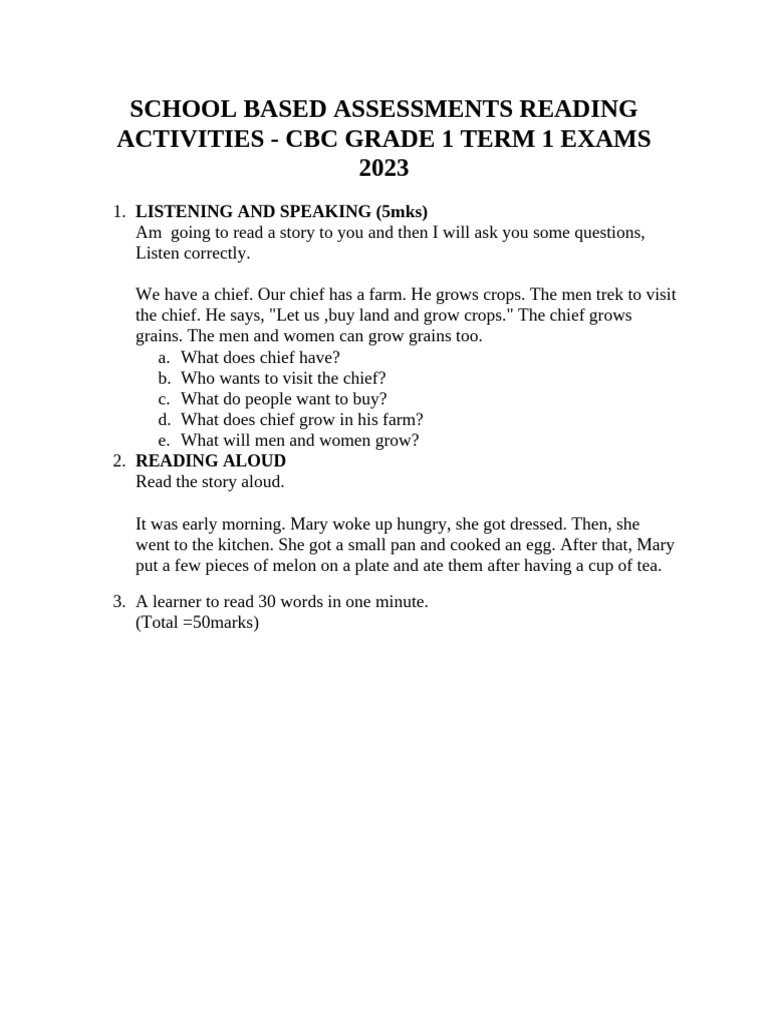 Grade 1 CBC Reading Assessment 2023 | PDF