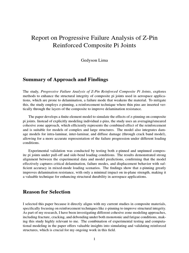 Report On Progressive Failure Analysis of Z Pin Reinforced Composite Pi ...