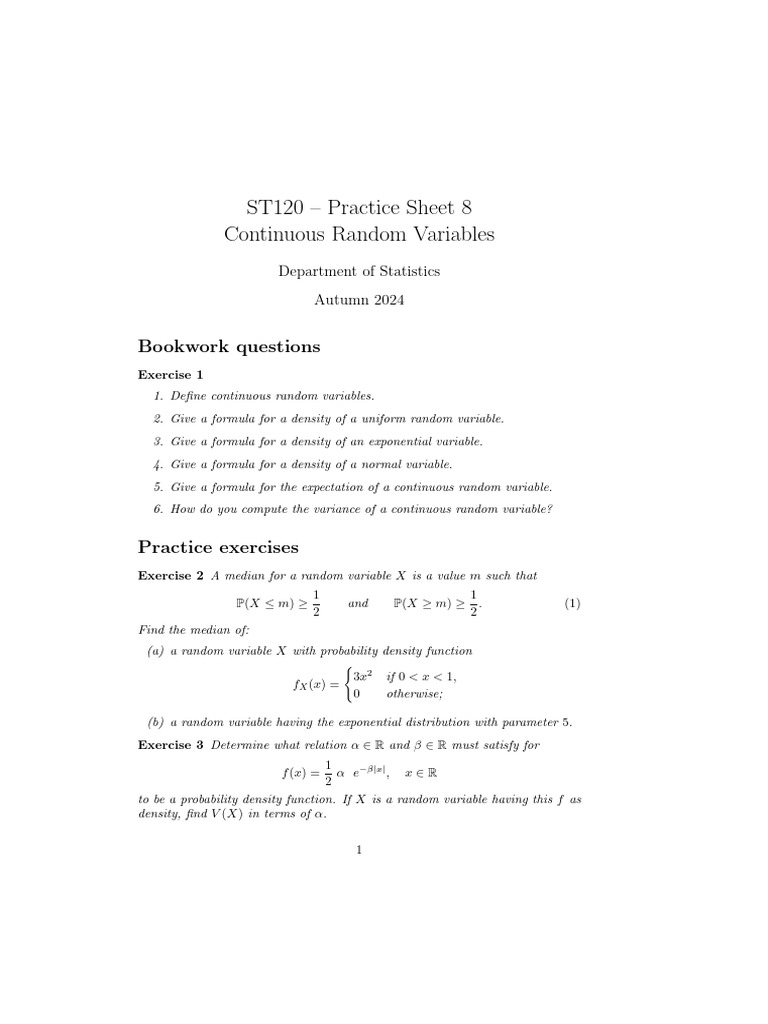 Continuous Random Variables Exercises | PDF | Probability Distribution ...